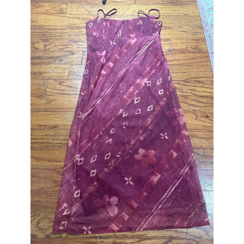 Powder Blu Vintage Mesh Maxi Dress Burgundy Floral Geometric Y2K Boho Small